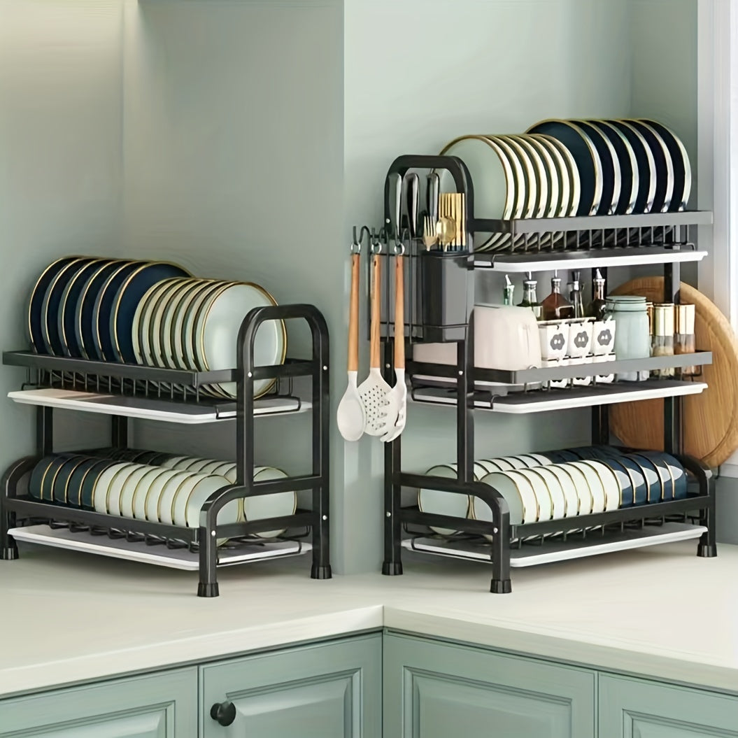 Premium carbon steel 3-tier dish rack with drainboard for organized dish drying and kitchen storage.