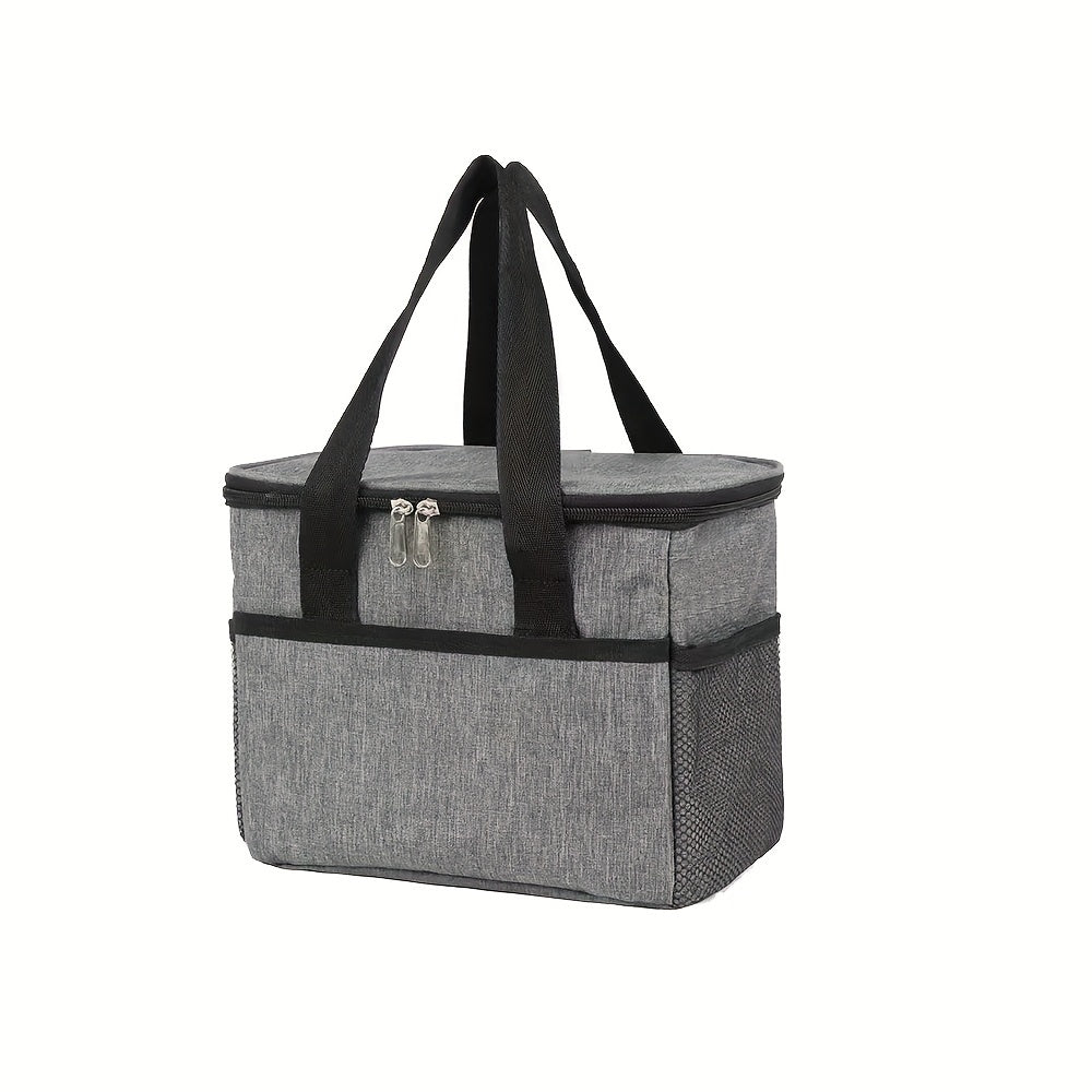 Insulated lunch bag with aluminum lining, made with double-layered Oxford fabric for a large capacity. Features front and side pockets, perfect for office, picnic, camping, or travel. Convenient and portable food storage option that is machine washable.