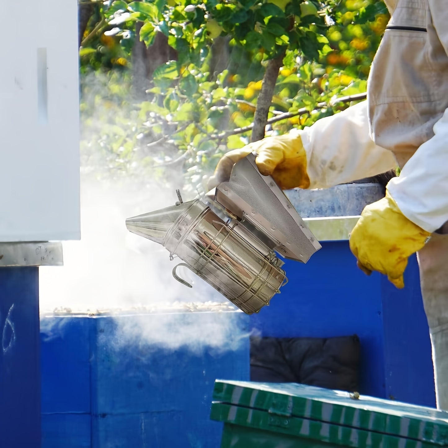 Stainless steel Bee Hive Smoker with heat shield for beekeepers.