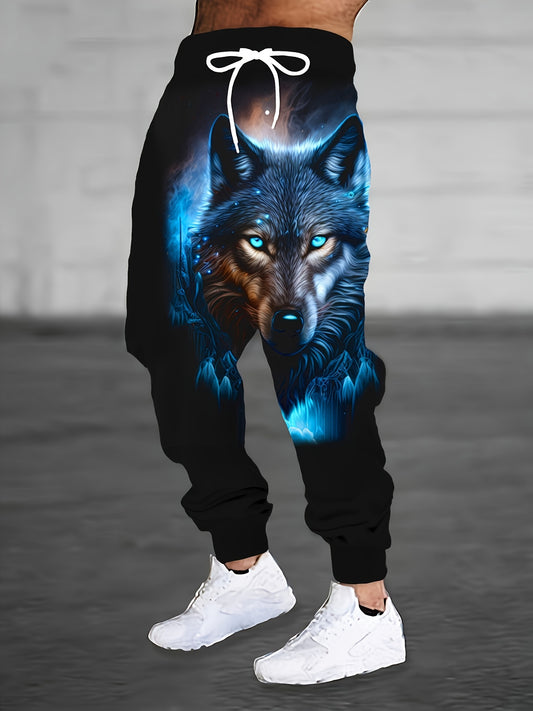 Men's Plus Size Wolf Print Athletic Pants with Drawstring Waist, Pockets, Polyester Blend, Machine Washable