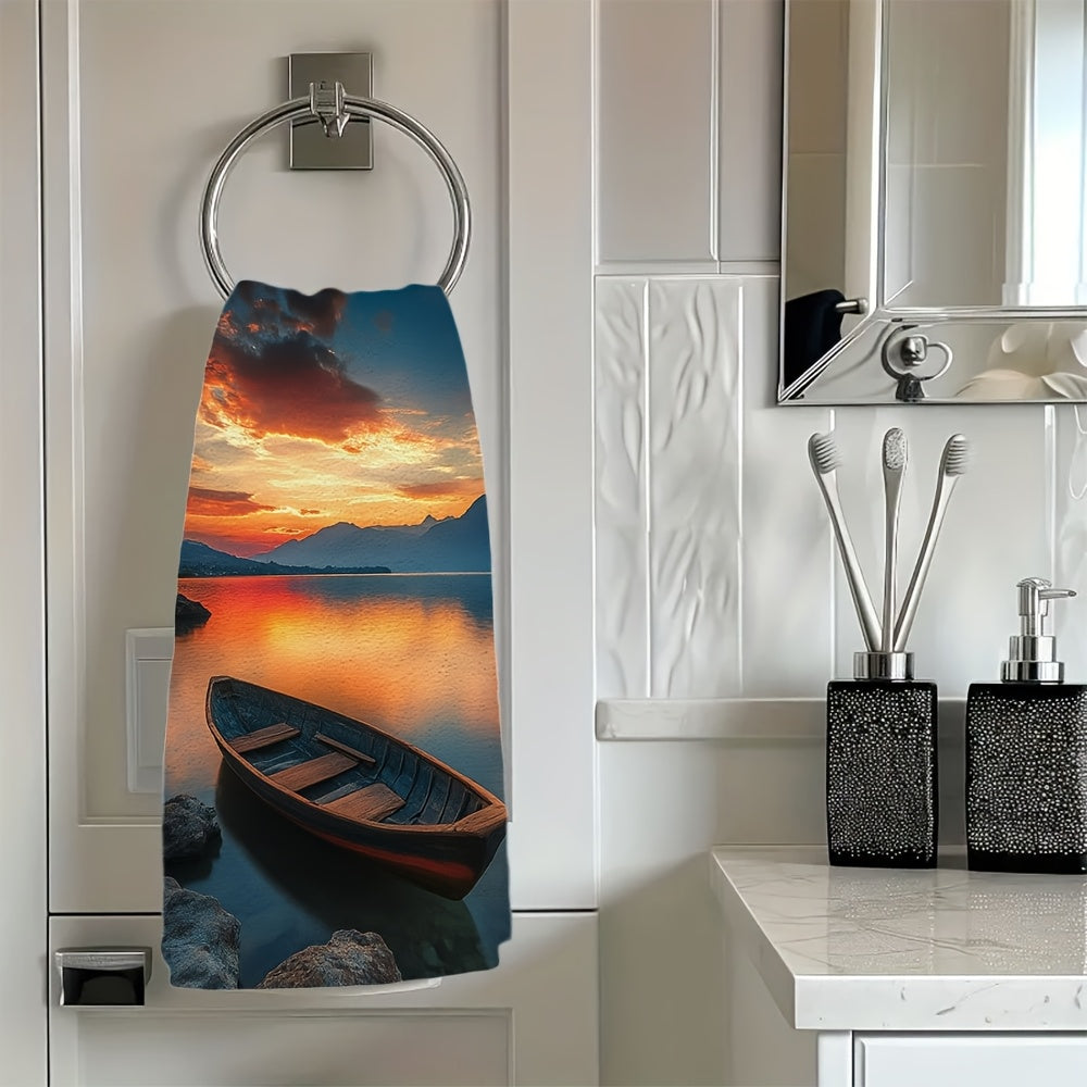 Get 2 ultra soft kitchen towels featuring serene lake and mountain sunrise scenery. These highly absorbent dish hand towels are machine washable and measure 40.64x60.96 cm. Perfect for holiday decor or use as dish towels.