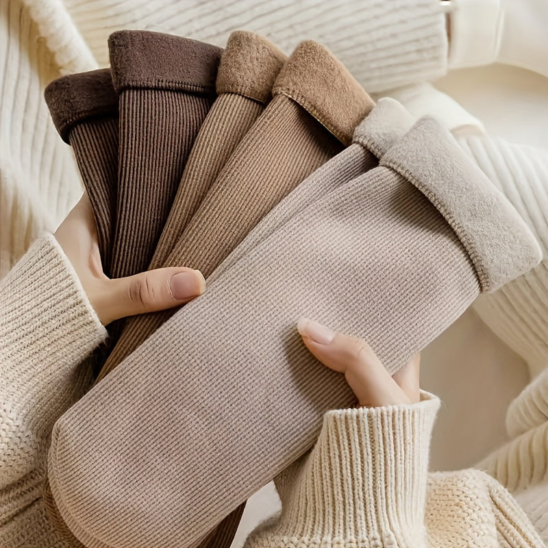 5 pairs of cozy mid-calf socks with thick fluffy vertical stripes for women in earthy tones.