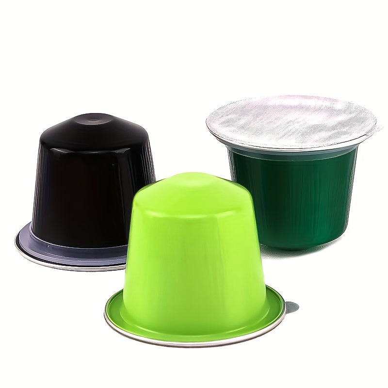 30 out of 100 disposable coffee capsules, each filled with espresso, sealed with a rubber ring and sealing sticker, reusable with aluminum film and cups.