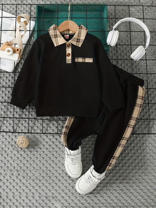 Boys' two-piece polo collar sweatshirt set with plaid collar design and color-blocked plaid pants - perfect for fall and winter outdoor wear.