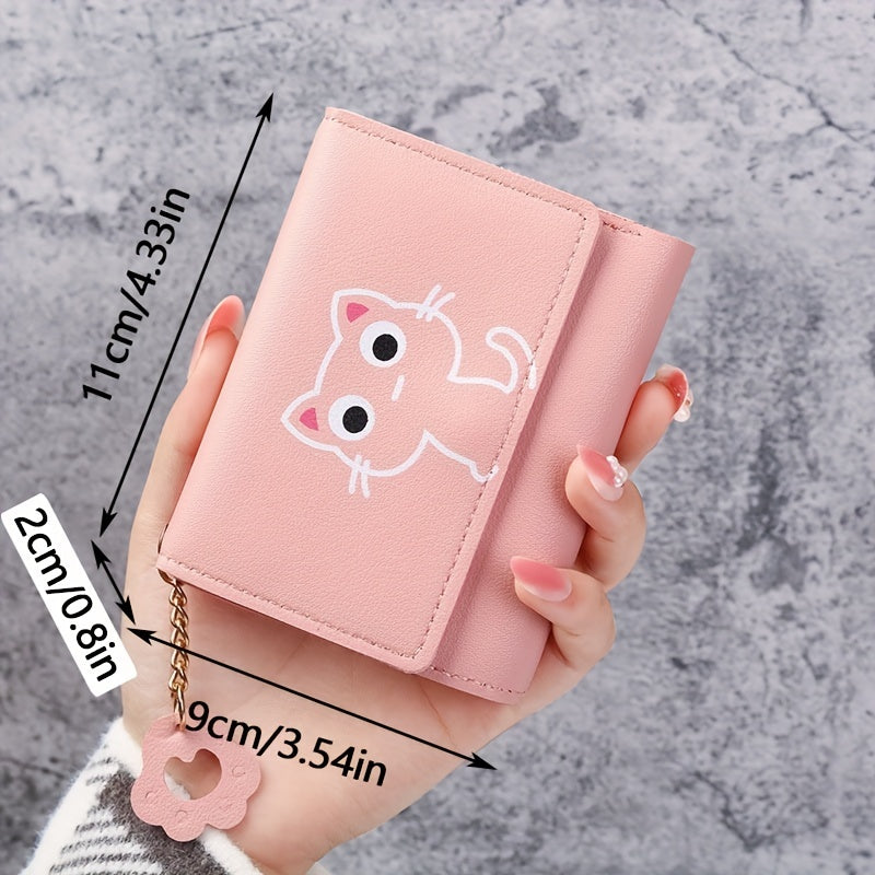 Girls' Tri-Fold Wallet with Adorable Pink Cat Cartoon Design - Compact Faux Leather Coin Purse with Keychain, Stain-Resistant & Lightweight - Ideal for Travel & Daily Use