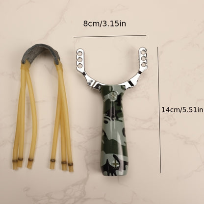 One alloy slingshot with plastic handle in camouflage design, ideal for outdoor shooting with wooden texture and three rubber bands.