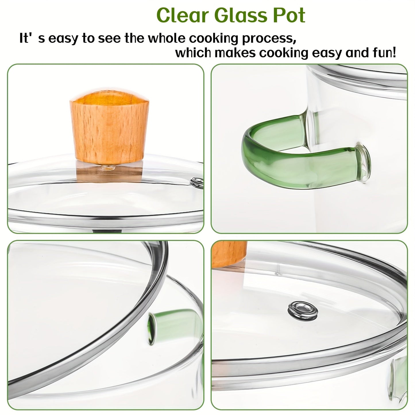 Glass cooking pot set includes two pieces with lids. The transparent glass pot is perfect for cooking various dishes such as noodles, Italian pasta, soup, and milk-based foods. Features a covered stew pot with double handles for easy handling in the