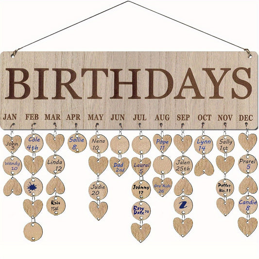 DIY Family Birthday Reminder Board made of manufactured wood. Comes with 50 round and heart-shaped tags for easy attachment. Wall-mounted event organizer for all occasions.