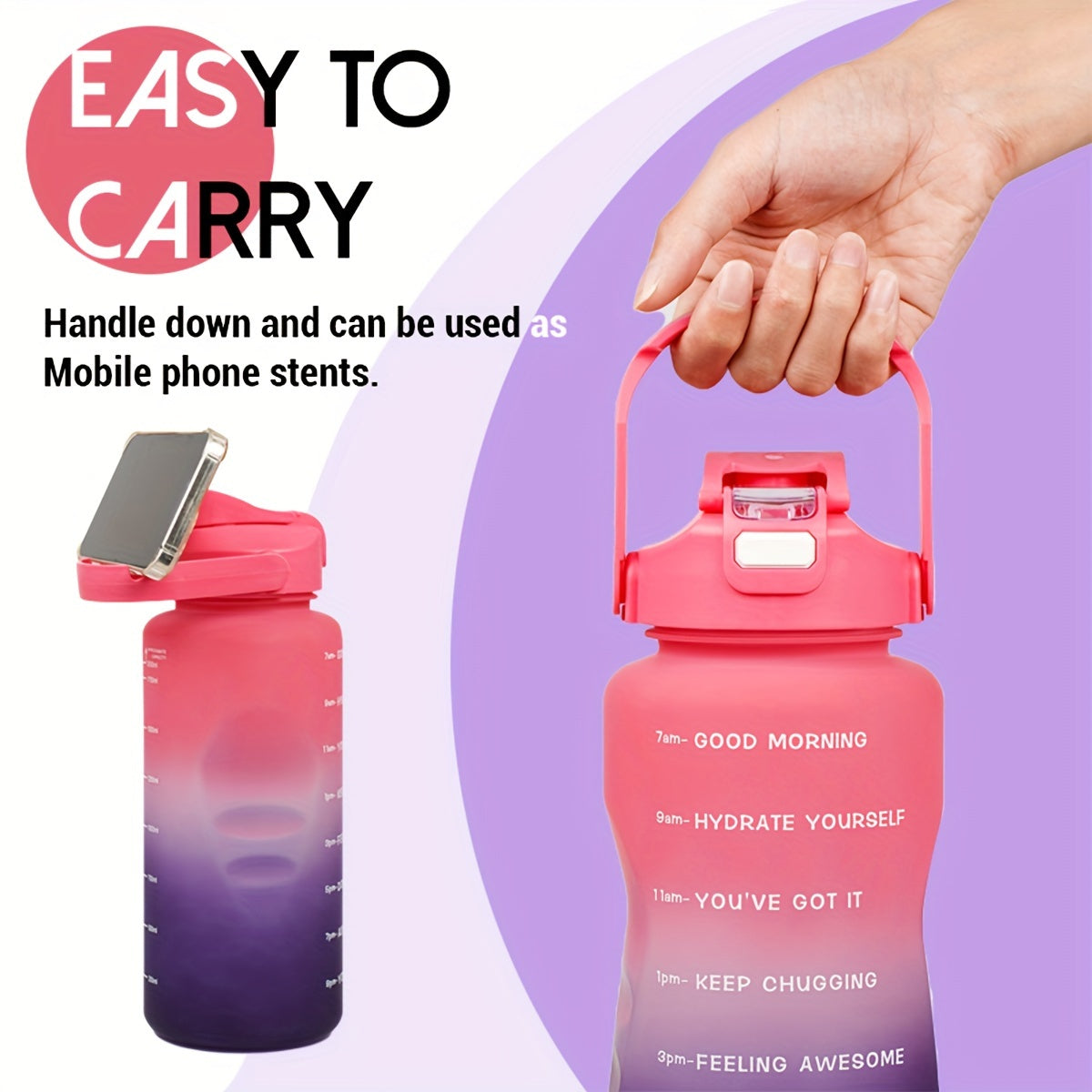 68oz gradient water bottle with motivational time markers, leak proof straw, ideal for running and sports, hand wash only, PVC free, great holiday gift option.