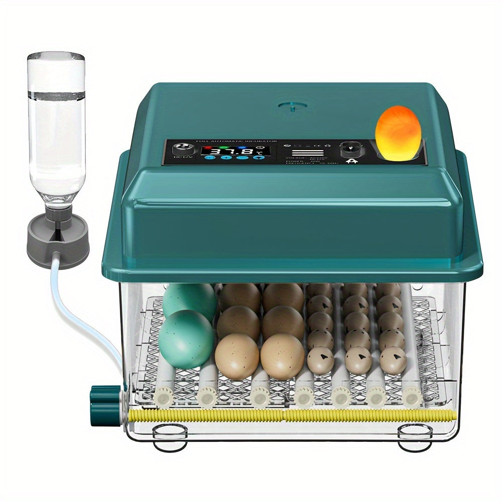 16-egg automatic incubator with auto turn, humidity control, adjustable spacing, pulse heat, cold light turning, Celsius display. Ideal for various eggs including duck, pigeon, bird, quail