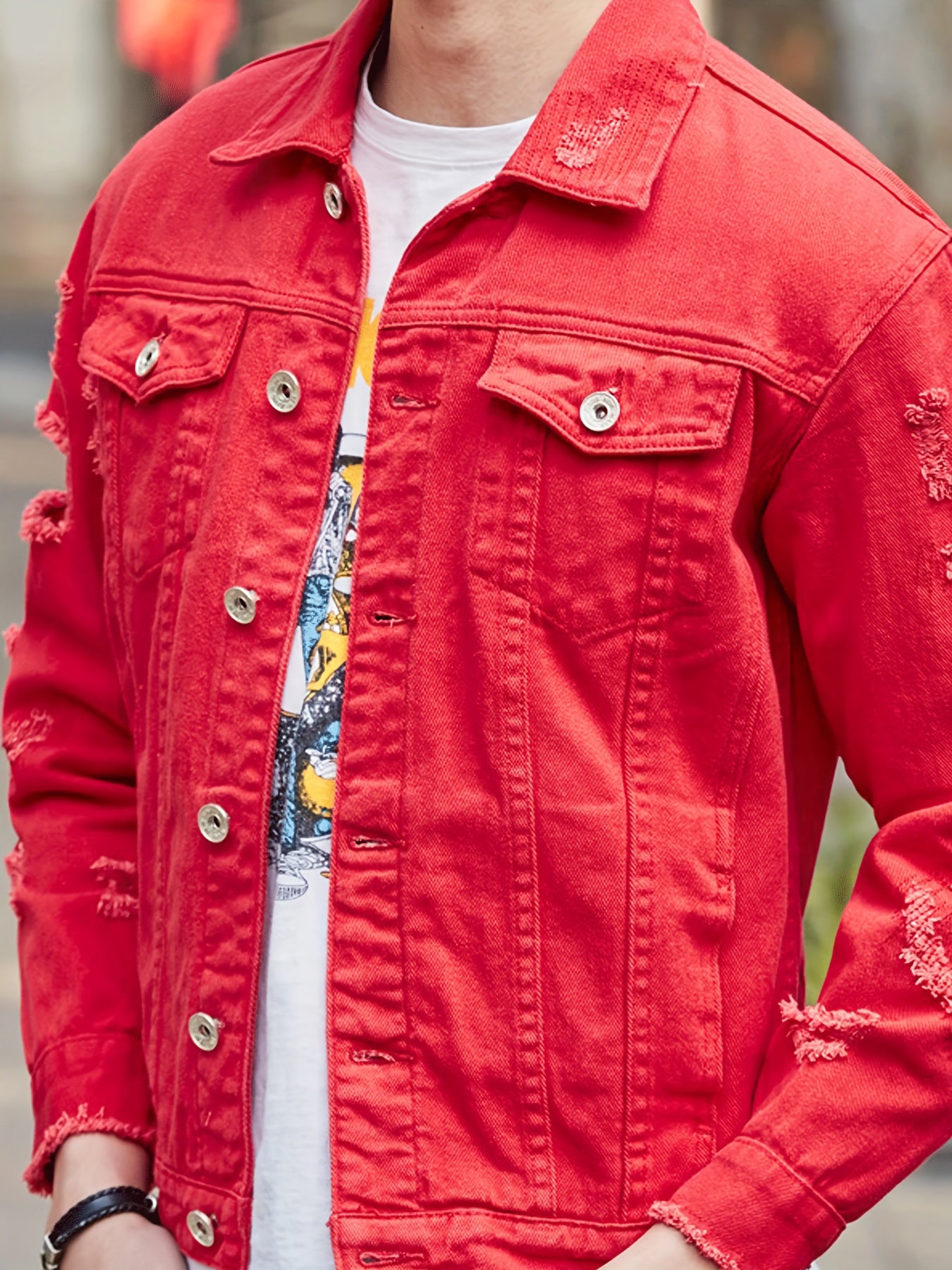 Men's distressed denim jacket - Casual cotton blend with long sleeves, button-up and lapel collar for Spring & Fall.