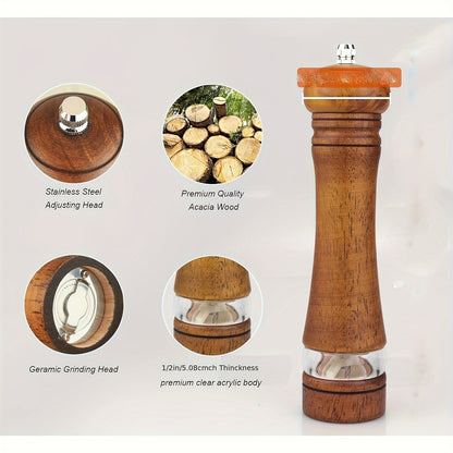 Classic Wooden Salt & Pepper Grinder Set - Manual with Adjustable Ceramic Rotor & Acrylic Window, 8-Inch - Ideal for Culinary Enthusiasts.