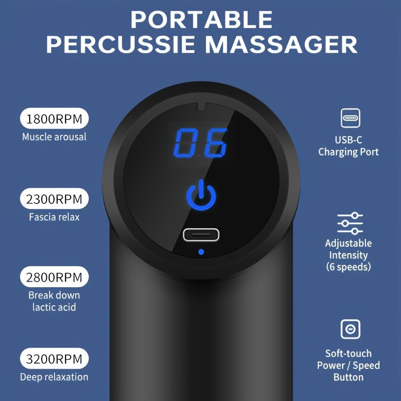 Portable massage gun with LCD display and USB rechargeability, featuring 6 vibration speeds and 4 accessories. Suitable for sports and outdoor use, a great gift idea for the holidays.