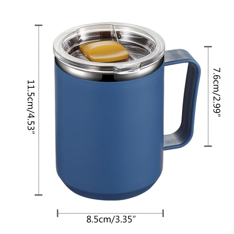 Insulated stainless steel coffee mug with handle and lid for office, outdoor, and school use.