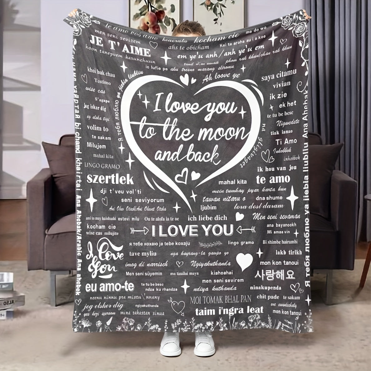 Modern Love-Inspired Throw Blanket - Soft Knitted Polyester Throw for All Seasons Featuring "I Love You to the Moon and Back" Design - Colorful Digital Print Flannel Blanket perfect for Snuggling and Staying Cozy.