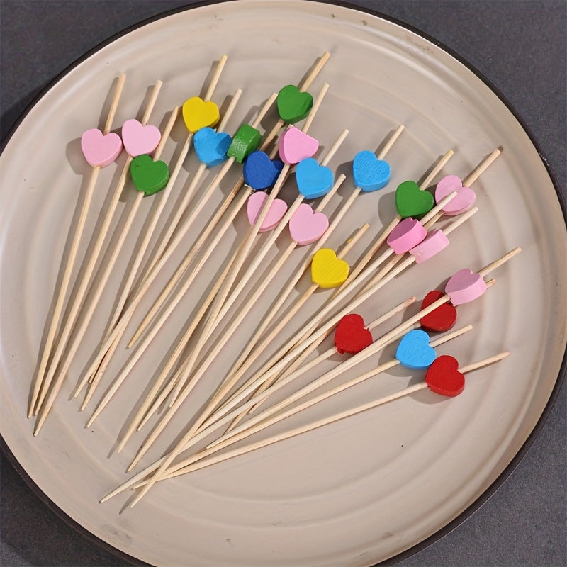 100 artistic bamboo fruit picks with love and plum blossom designs, disposable wooden cocktail decorations.