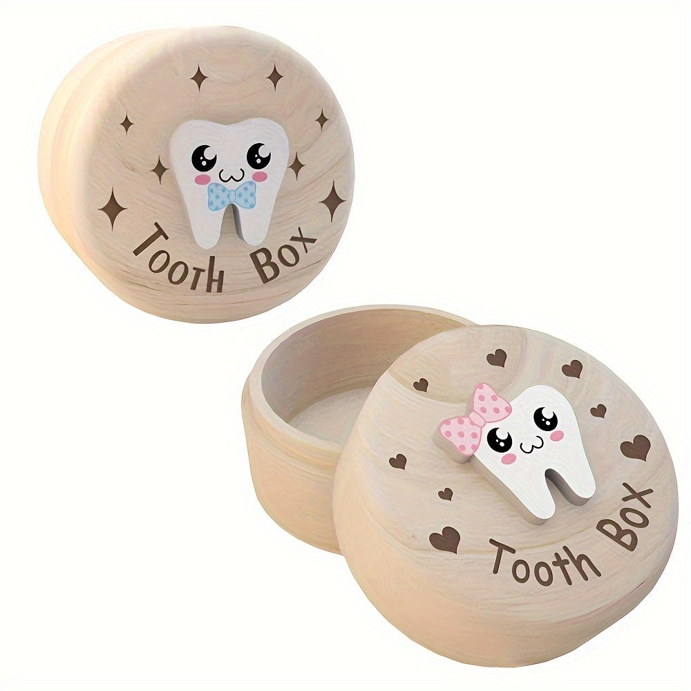 Cute wooden tooth box with secure closure for storing lost teeth, featuring playful dental design and decorative engraving.