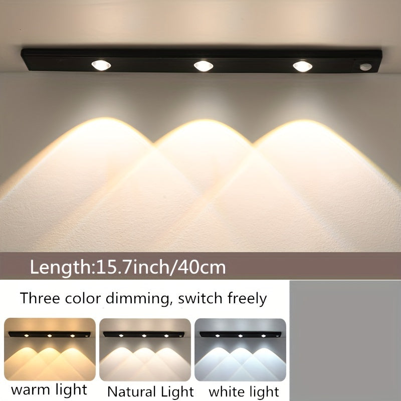 Wireless USB Rechargeable Motion Sensor LED Strip Light with 3 Color Dimming and Sunset Pattern - Ideal for Kitchen, Wardrobe, Cabinet, Bedroom - Ceiling or Wall Mount, Lithium Battery Powered.