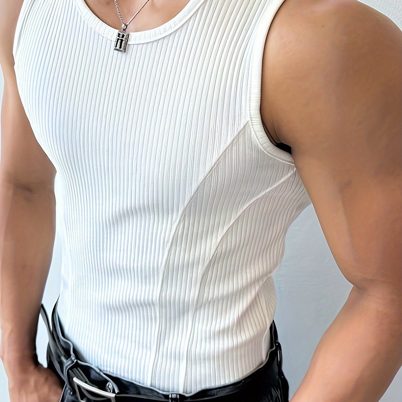 Men's white ribbed tank top made of high-quality polyester, designed for summer with stretch, crew neck, sleeveless, and machine washable.