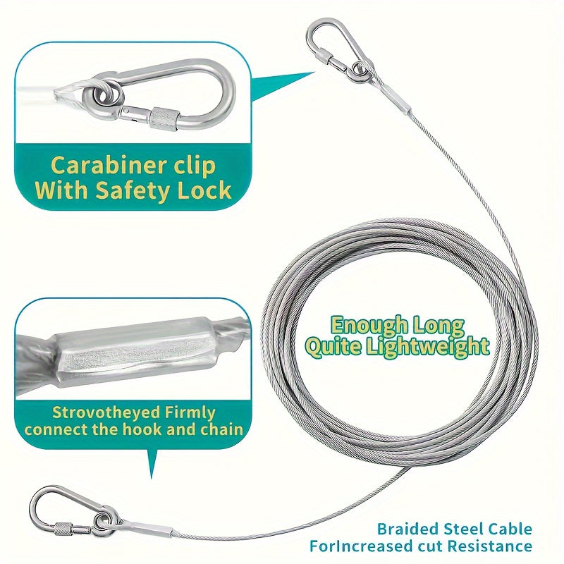 Durable stainless steel dog tie-out cable leash for large dogs, available in 4.57m, 9.14m, and 15.24m lengths. Suitable for breeds up to 113.4KG, with secure clamps and a no-pull