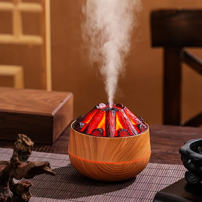 Innovative charcoal-powered humidifier with large mist output and aromatherapy function. USB powered with wooden base and flame effect, perfect for any room type. (Battery not included)