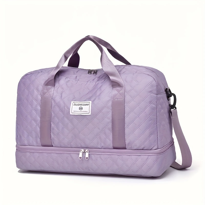 Large luxury duffel bag with multiple compartments for travel and gym use.