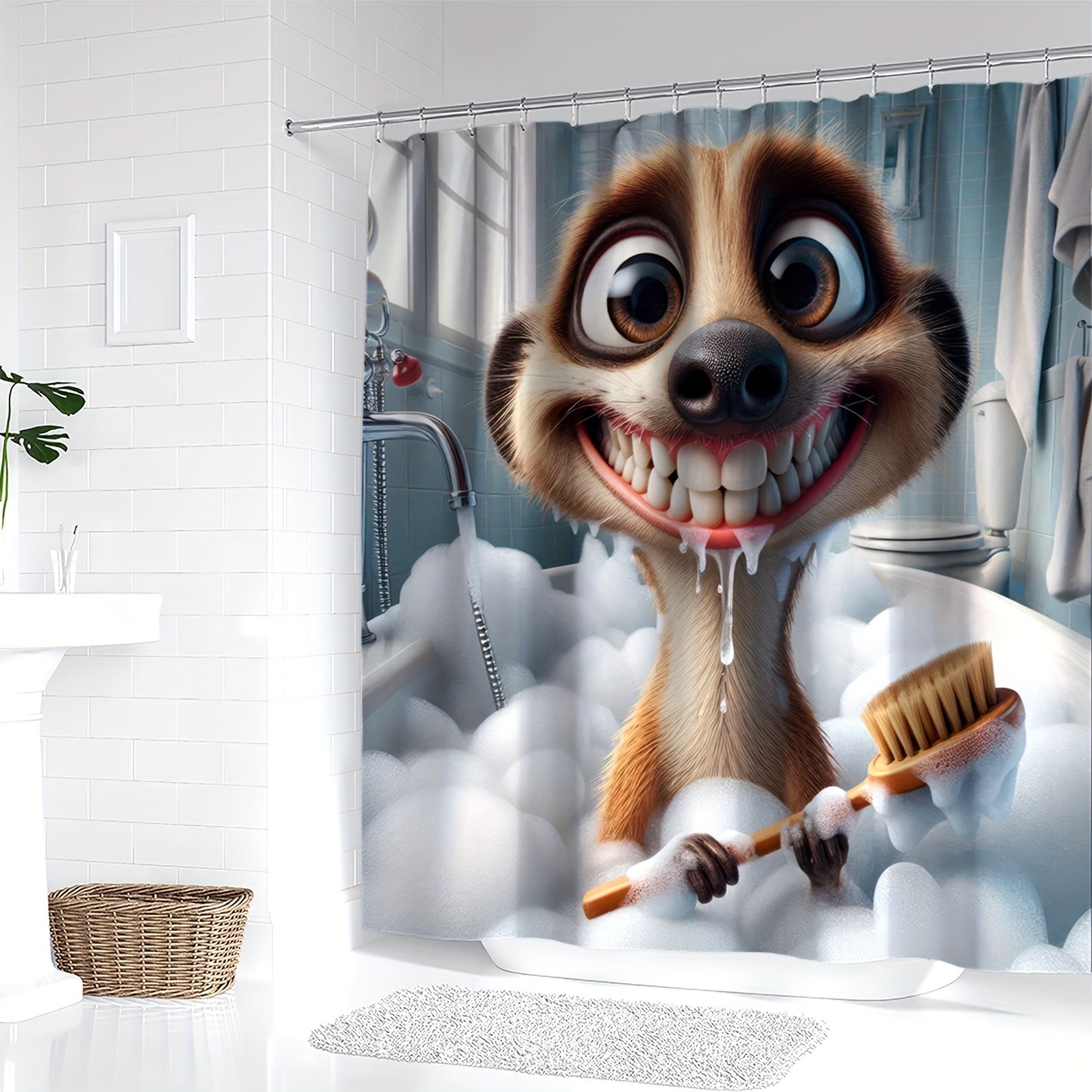 Cartoon animal print shower curtain with hooks included. Machine washable, water-resistant polyester.