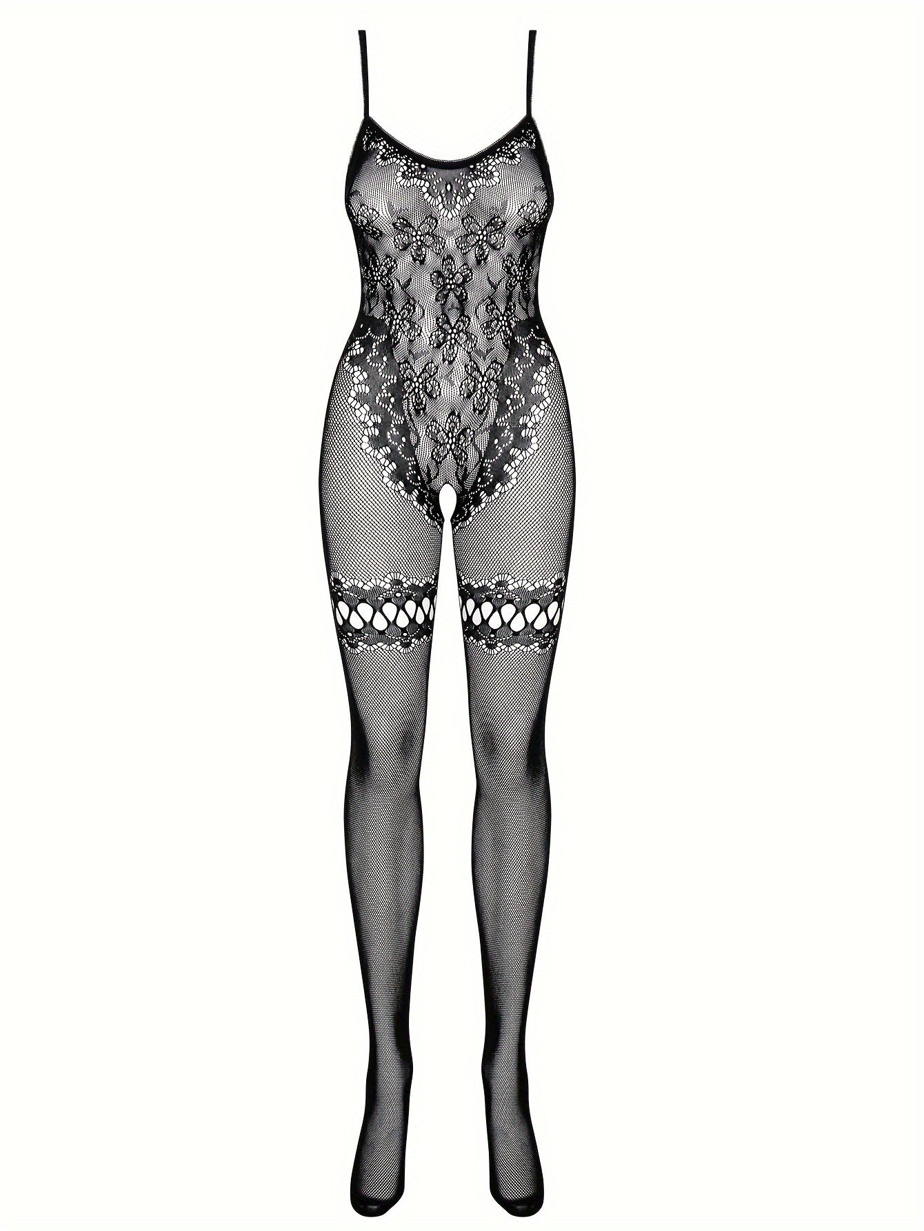 1pc Sheer Lace Bodysuit with Open Crotch and Floral Patterns, High-Elasticity Nylon/Elastane Blend, Hand Washable - Ideal for Music Festivals & Beachwear.