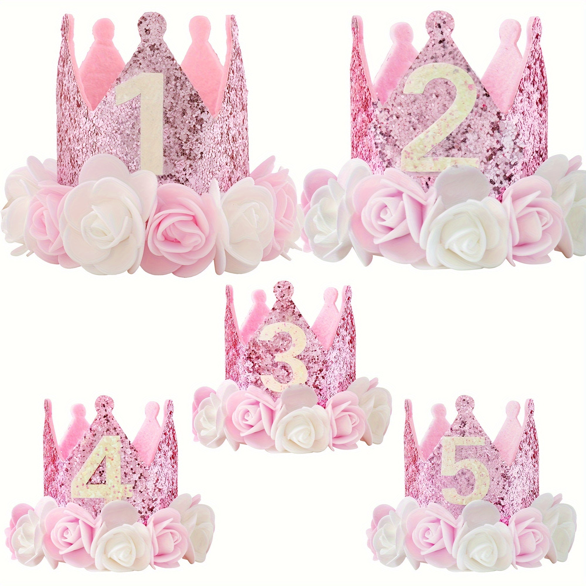 Pink and white flowered birthday crown hats for ages 1-5 with pink sequins.