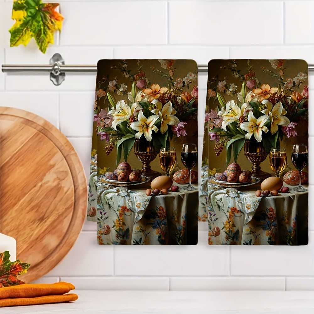 Set of 2 Ultra Soft Kitchen Towels featuring a beautiful Easter table centerpiece of lilies and tulips in an oil painting style. These highly absorbent dish hand towels are perfect for holiday decor. Machine washable and measuring 16x24 inches. Item