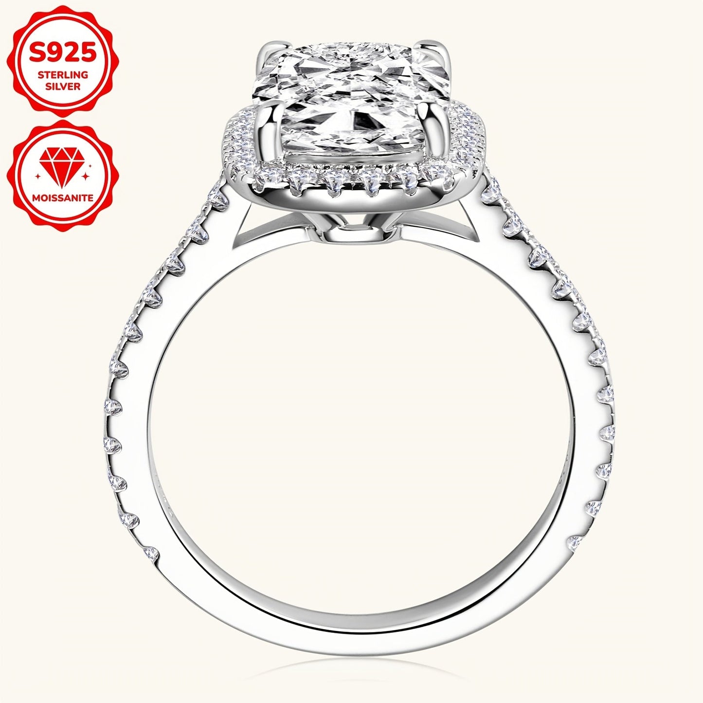 Elegant 4CT Moissanite Engagement Ring - US10 Size, VVS1 Clarity, D-E Color, 925 Sterling Silver with Halo Diamond Setting & Cubic Zirconia Side Stones, High-Polished, Ideal for Weddings & Anniversaries.