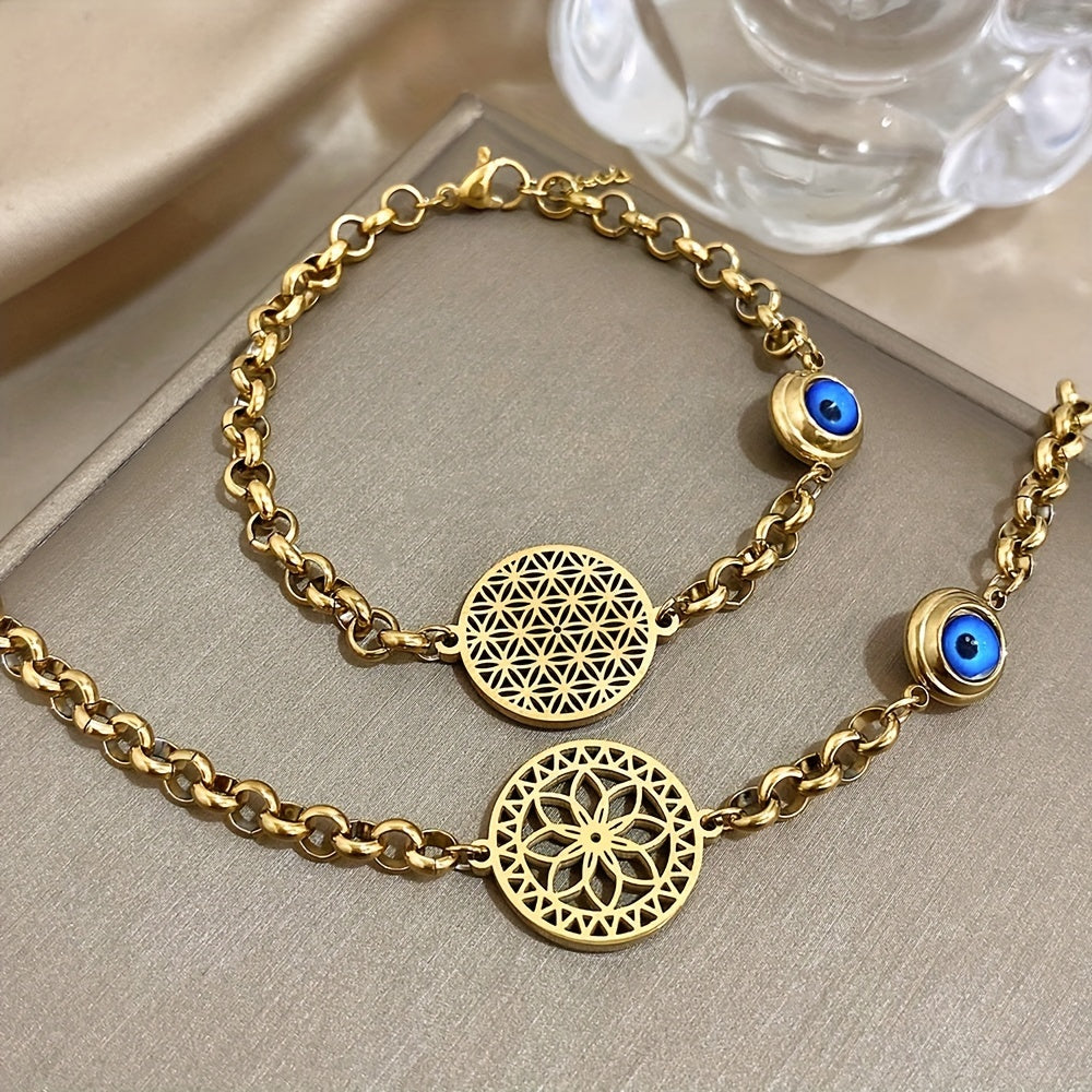 Golden-tone stainless steel bracelet featuring an Evil Eye and Flower of Life design, waterproof and perfect for winter and New Year fashion for women.