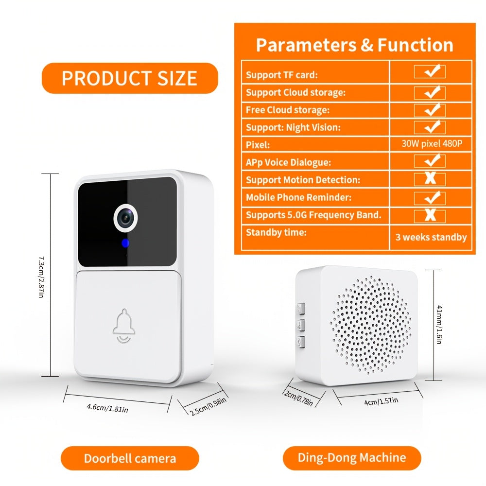 Wireless smart doorbell with HD camera, night vision, two-way audio, and app control.