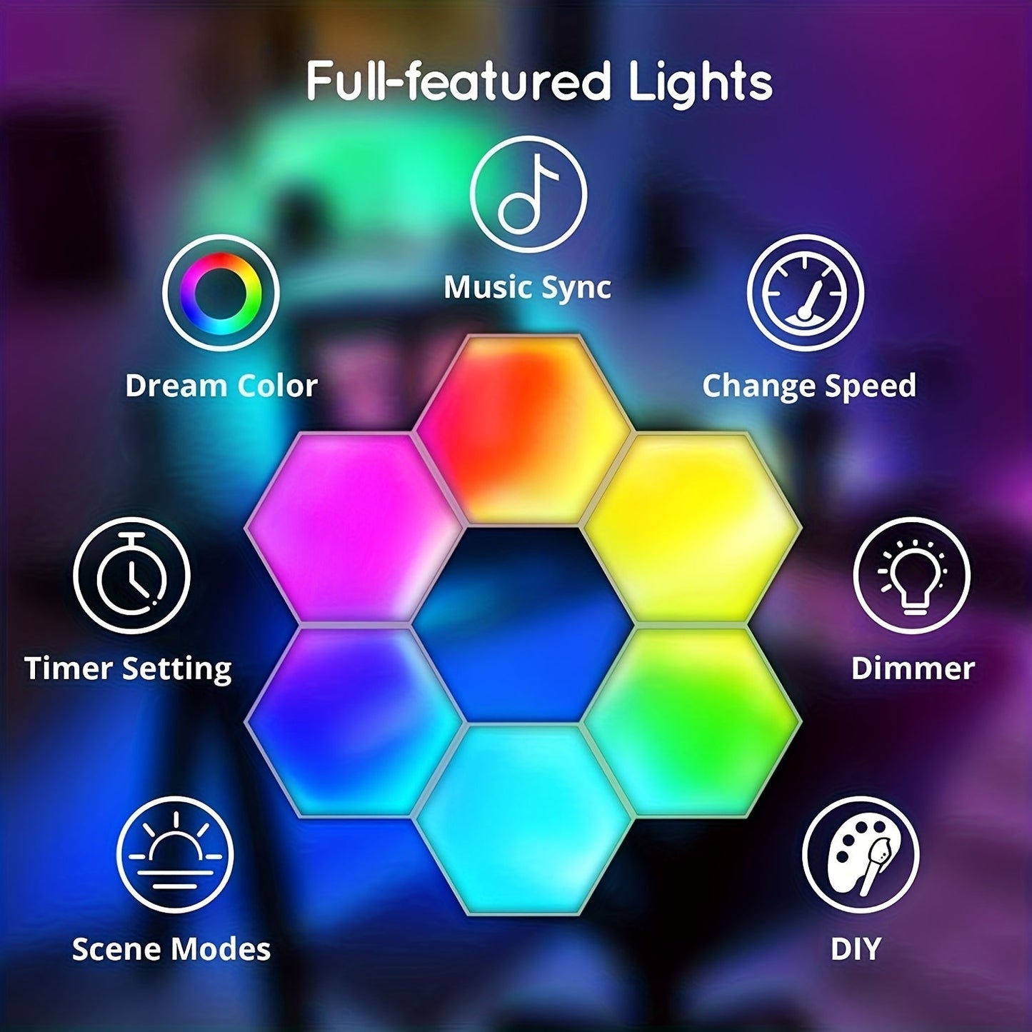 Set of 10 Hexagon Lights with Remote Control, Sound-Activated Smart DIY Wall Lights, Dual-Control LED Hexagonal Panels with USB Power, Geometric Touch Hex Lights for Game Rooms and Parties