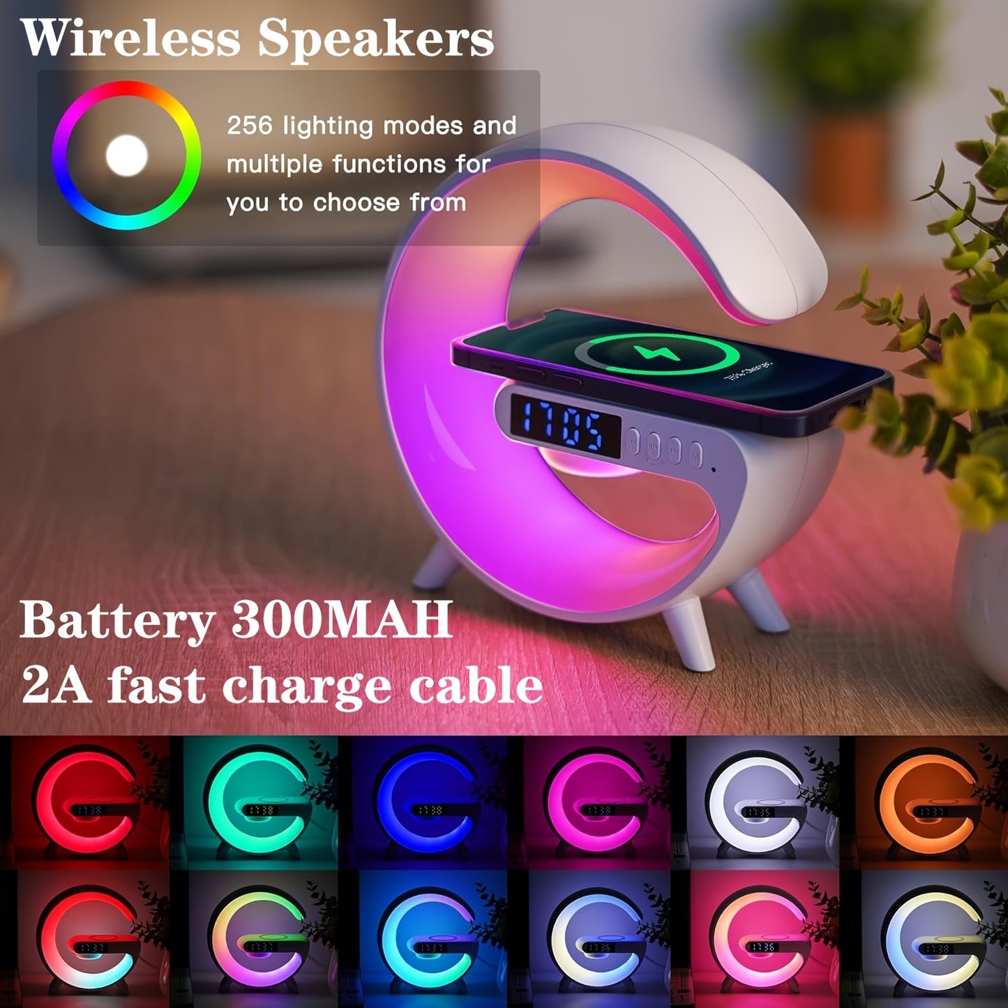 White Noise Smart Alarm Clock with Wireless Charging, Speaker, and Ambient Lamp with USB Port.