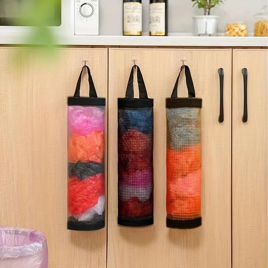 Mesh plastic bag organizer that saves space - breathable, washable, and foldable kitchen storage solution.