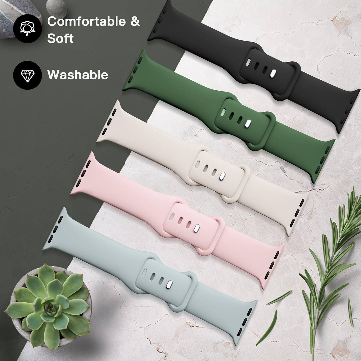 Set of 5 Soft Silicone Sport Bands for Apple Watch - Waterproof and Adjustable Wristbands for iWatch Series 9, Ultra, 8, SE, 7, 6, 5, 4, 3. Compatible with Sizes 38mm to 49mm - Ideal Present for Both Men and Women