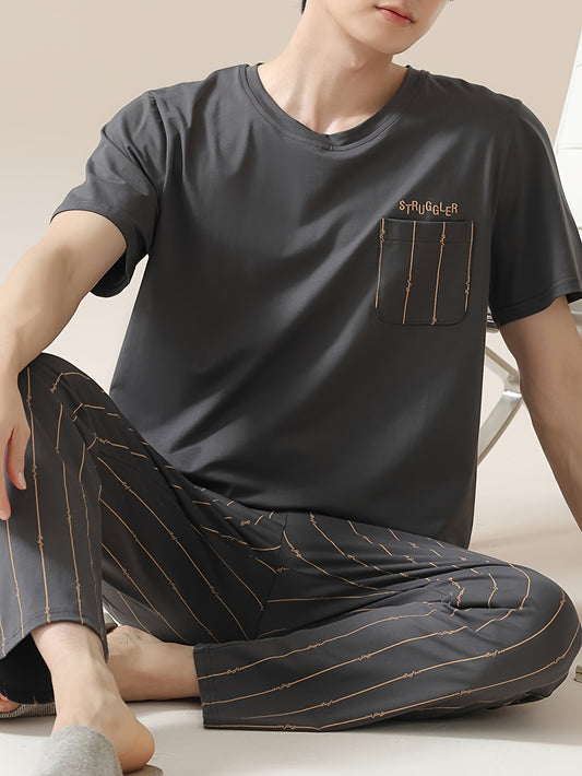 Men's 2-piece simple pocket round neck short sleeve pajama set with striped trousers. Comfortable and skin-friendly for cozy loungewear.