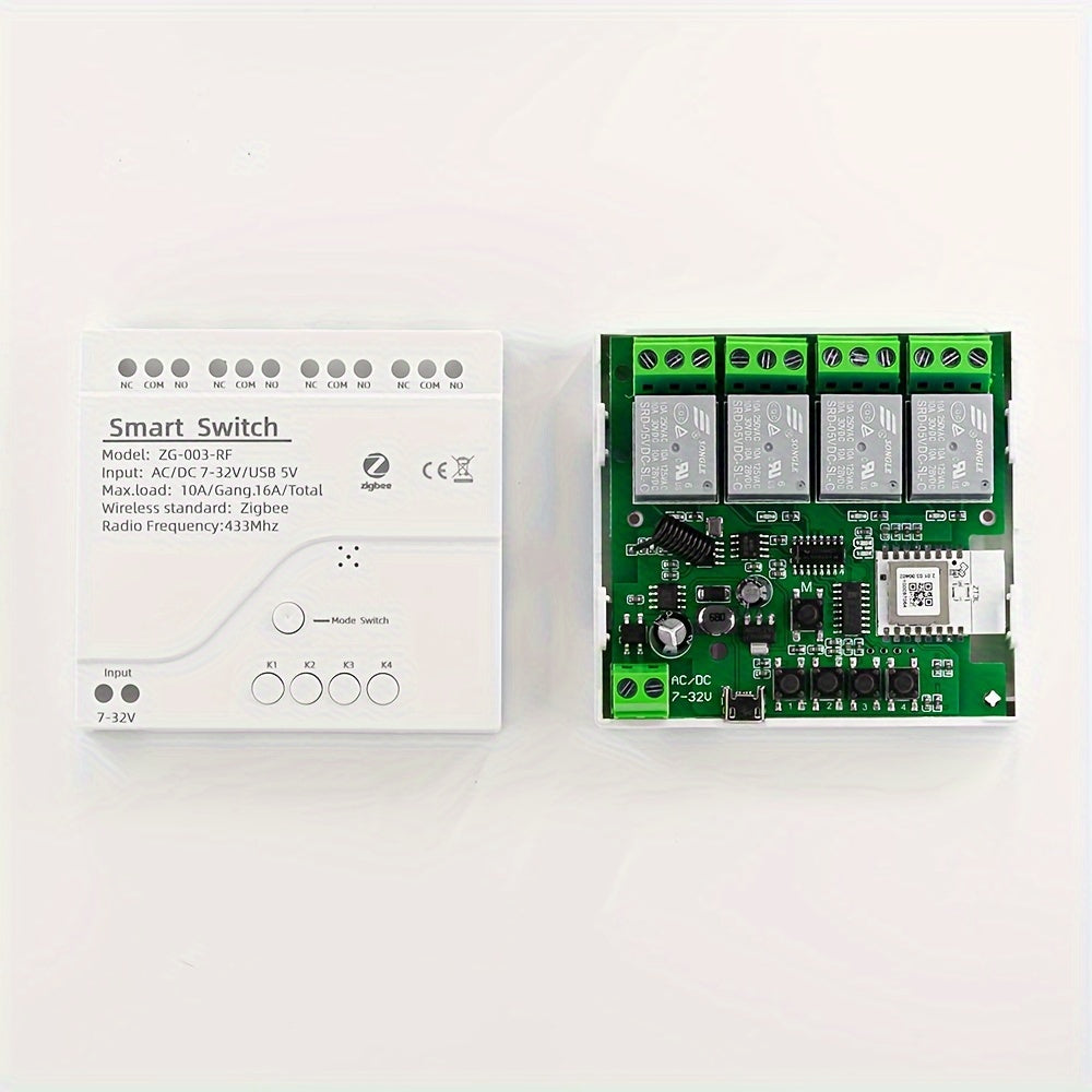 Tuya Zigbee Smart Switch Module with 4-Channel Relay, 2200W/10A Circuit Control, Remote Control, WiFi & RF 433MHz, ≤36V Operating Voltage, No Battery Needed