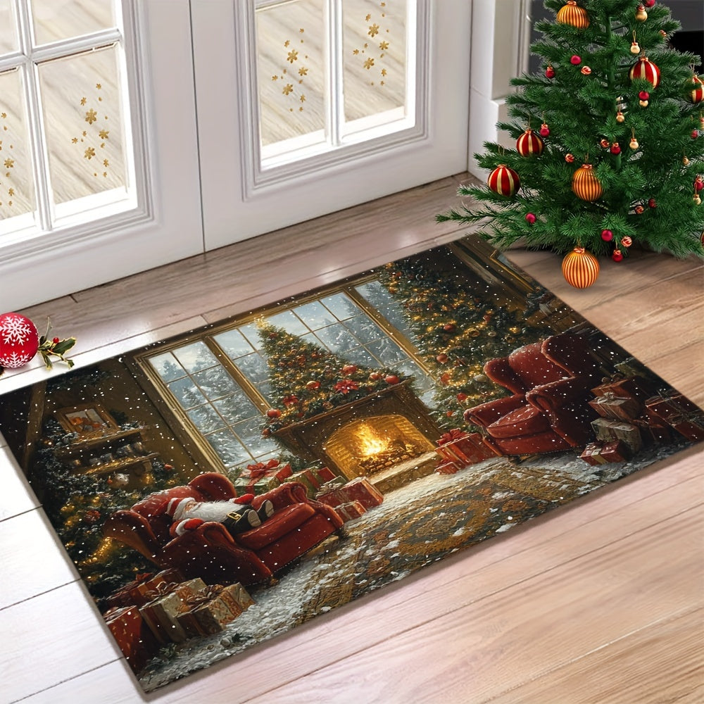 Non-Slip Rubber Backed Christmas Holiday Doormat featuring Santa Claus and Fireplace Design, Washable Polyester Rectangular Entrance Mat with Festive Xmas Tree Floor Decoration. This lightweight braided rug is the perfect addition to your holiday décor.