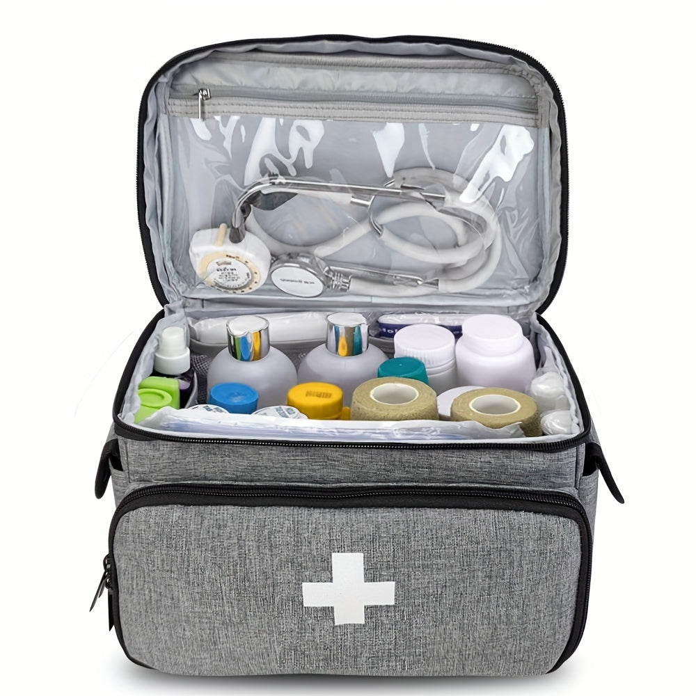 Durable PU medicine storage bag with multiple compartments for home and emergency needs. Non-food safe. Available in red, black, and grey for first aid use.