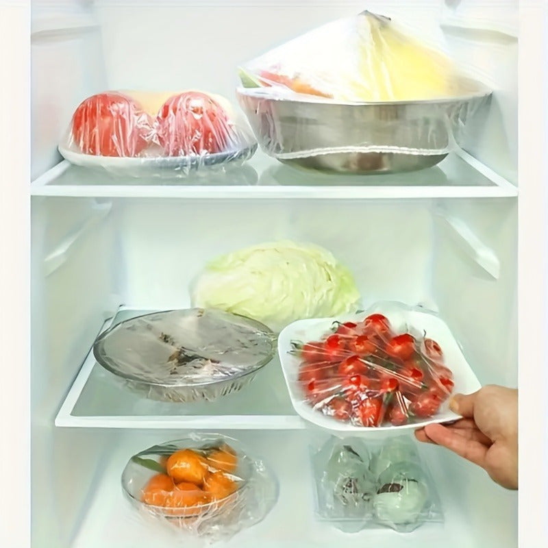 100-pack of elastic food storage covers, transparent and reusable, ideal replacement for aluminum foil and cling film.