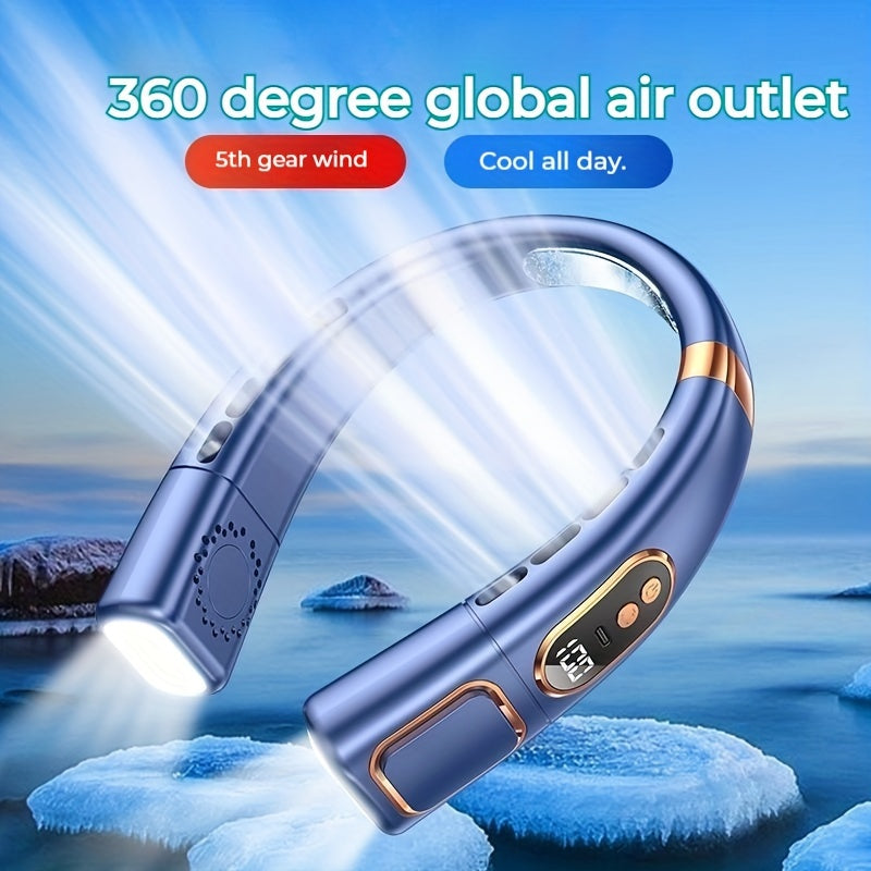 Rechargeable Neck Fan with Screen Display - Stay Cool Anywhere with 5-Speed Settings and 360° Cooling - Ideal for Work, Travel, and Outdoor Activities