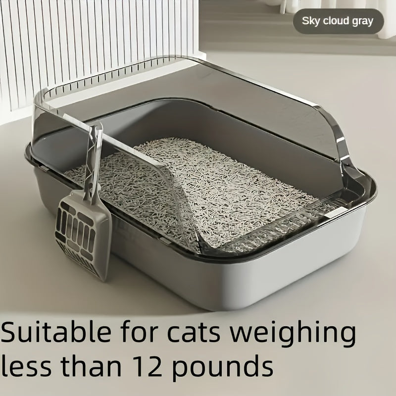 Three-piece high-quality plastic cat litter box with shovel, easy for cats to enter and exit, square high edge design for easy cleaning.