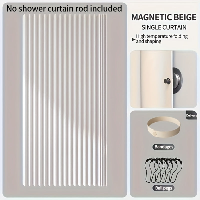 Waterproof gray foldable shower curtain with magnetic attachment, polyester wave screen, black hooks included, machine washable for all seasons.