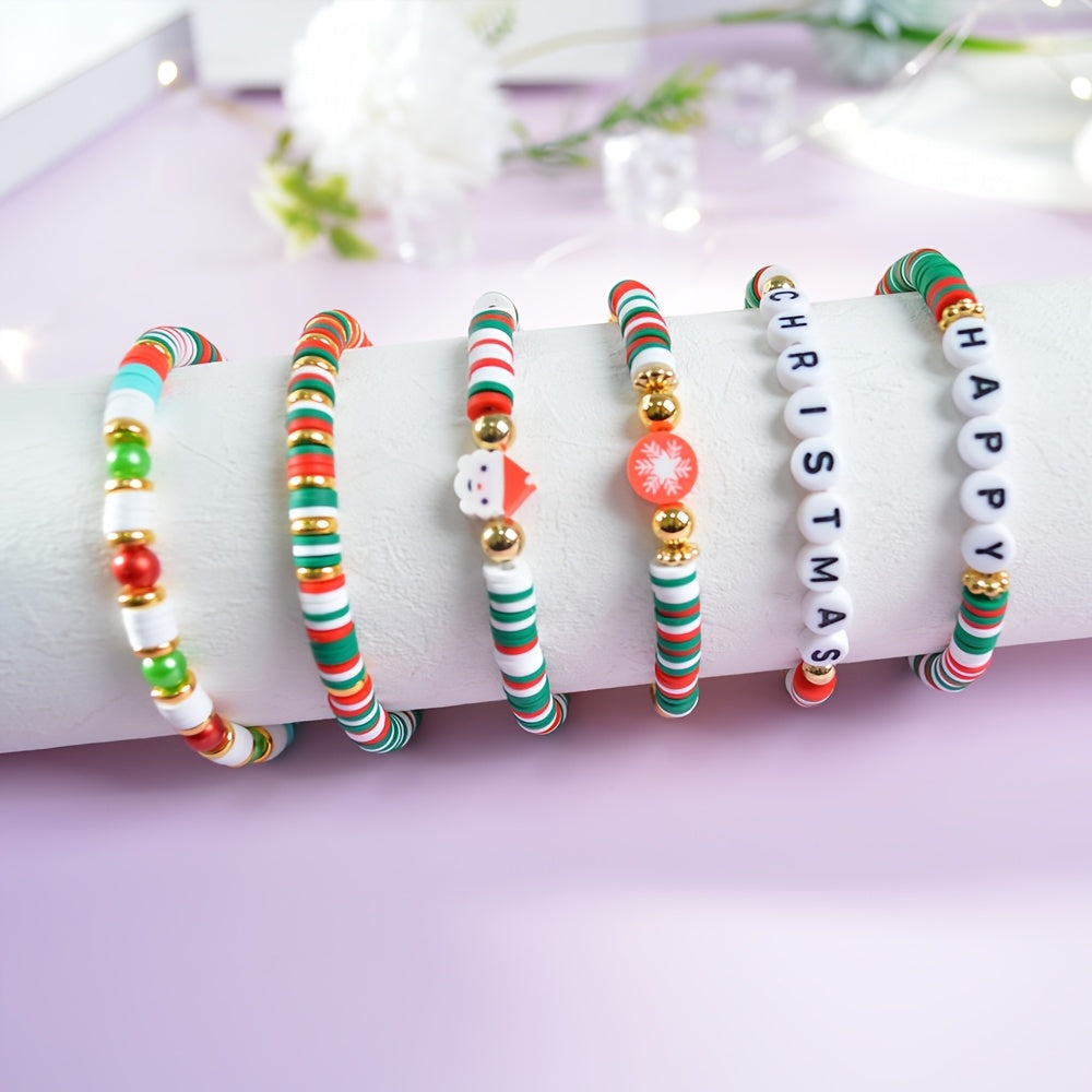 Get ready for the holiday season with this festive Christmas Charm Bracelet Set! Each set includes 10pcs of adjustable bracelets made with elastic polymer clay beads featuring Santa, snowflake, and tree designs. These bracelets are perfect for holiday