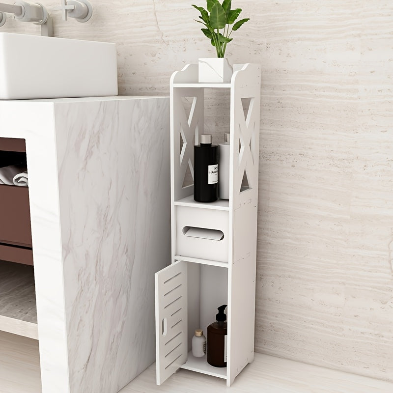 White bathroom storage cabinet with doors and shelves, freestanding toilet furniture with paper holder.