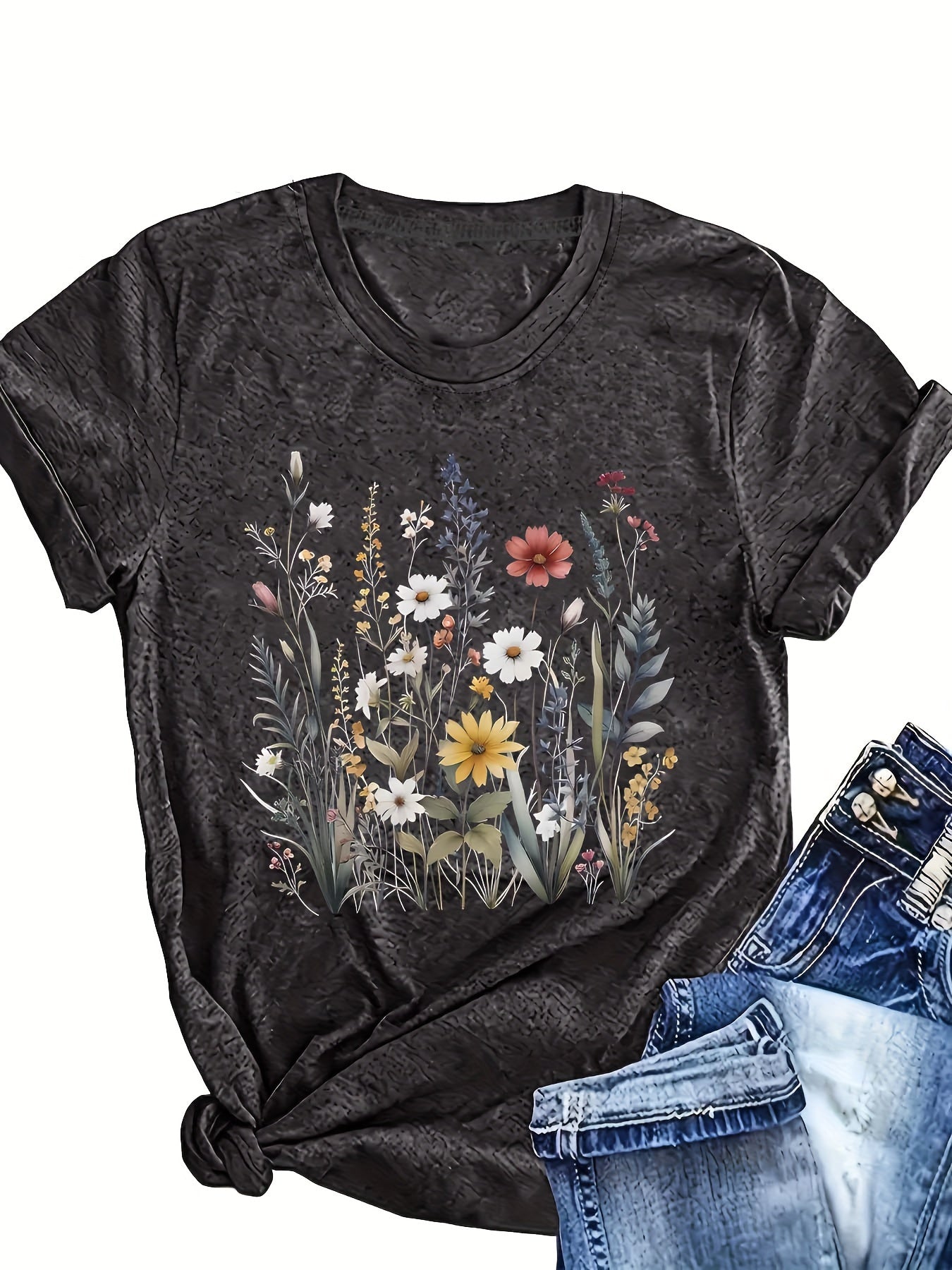 Women's summer floral print tee with crew neck, polyester knit fabric, regular length, and short sleeves.