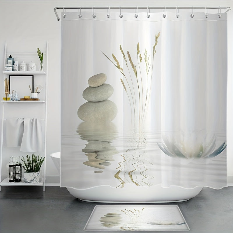 4-piece stone print shower curtain set includes a waterproof curtain, non-slip rugs, toilet lid cover, bath mat, and 12 hooks. The set measures 180x180cm.