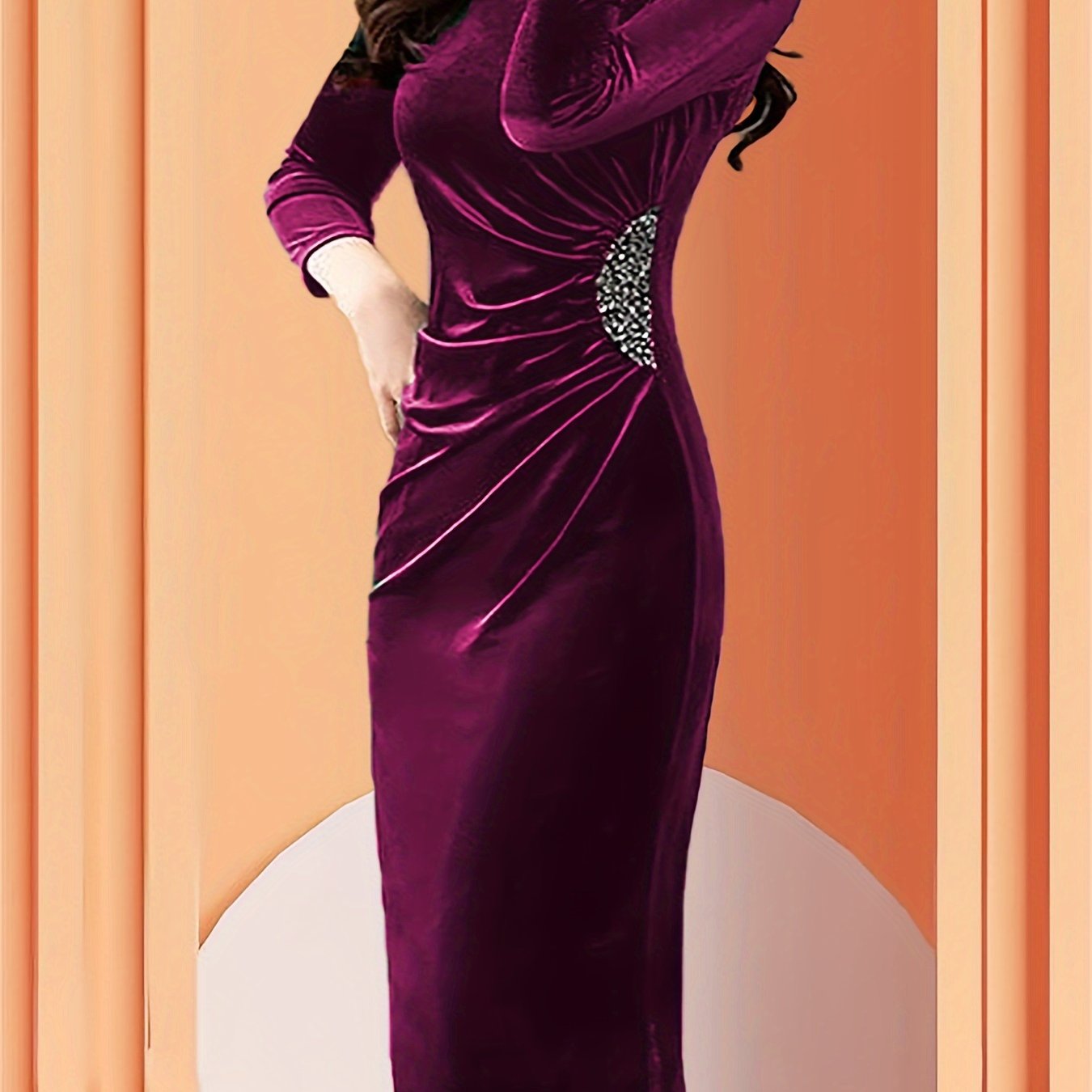 Velvet Zipper Slit Dress for Women, Elegant Slim Fit Ruched 3/4 Sleeve Dress for Spring & Fall